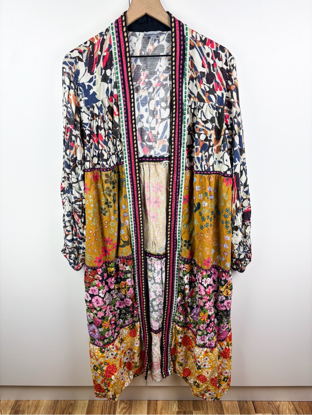 Anthropologie Conditions Apply Retro Floral Tiered Kimono Embroidered Patchwork - Picture 2 of 7